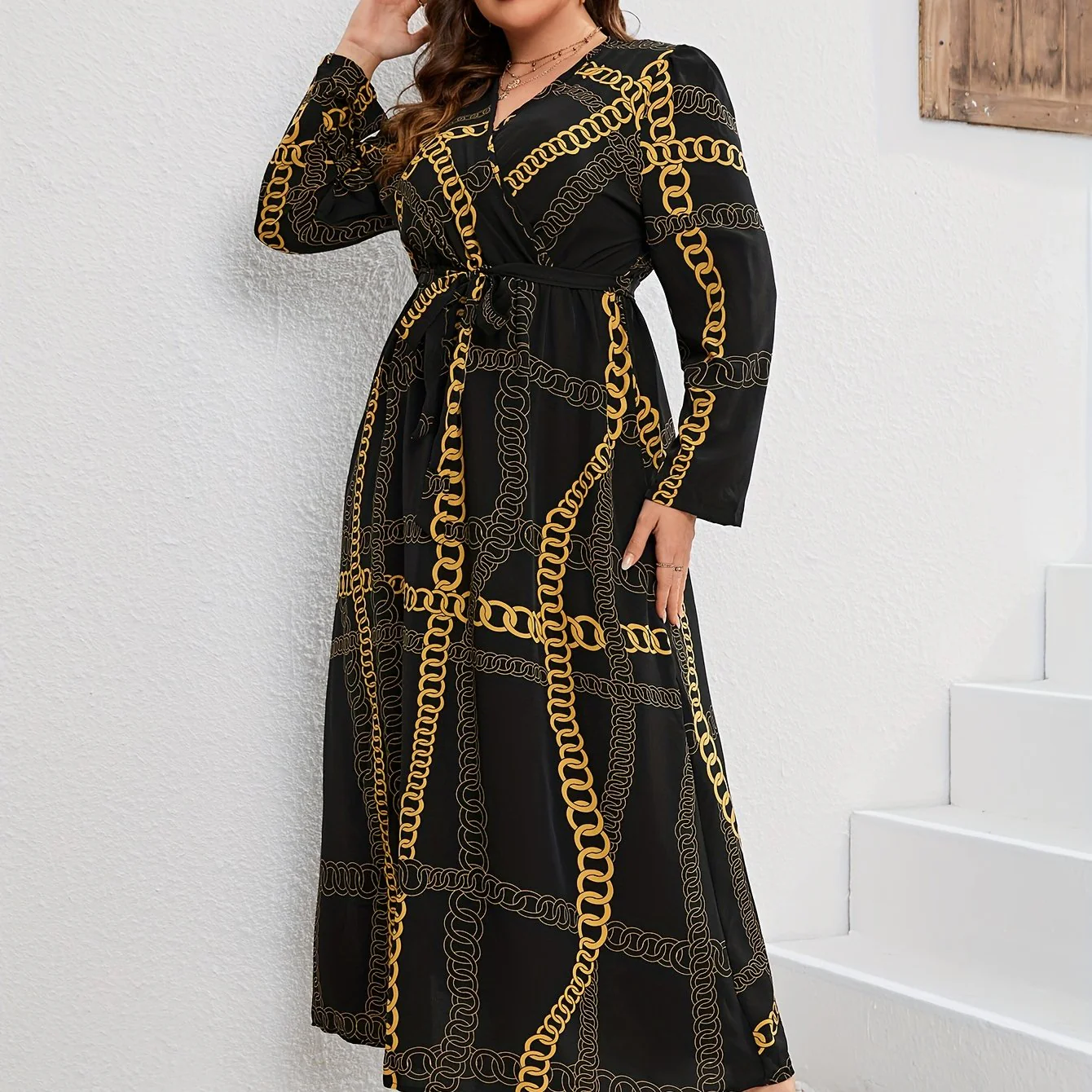 Plus Size Elegant Dress, Women's Plus Chian Print Long Sleeve Surplice Neck Slight Stretch Maxi Dress With Belt - Deanwangkt