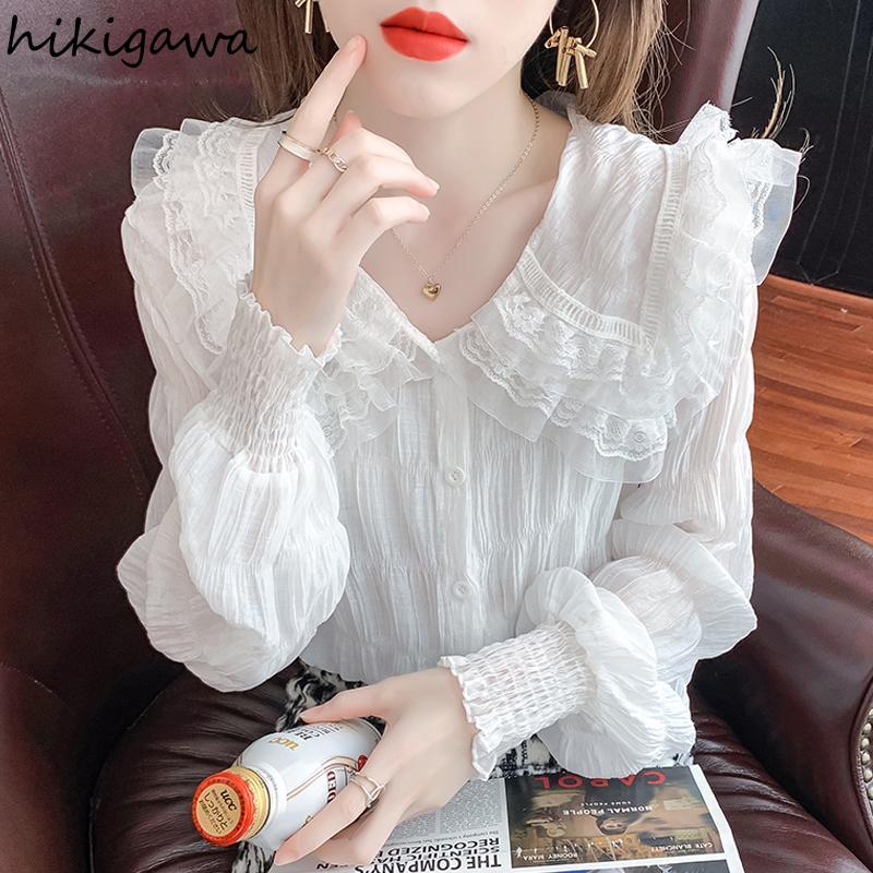 deanwangkt Blouse for Women Sweet Peter Pan Collar Long Sleeve White Shirts Lace Ruffles Chiffon Tops  Blusas Mujer De Moda - Deanwangkt