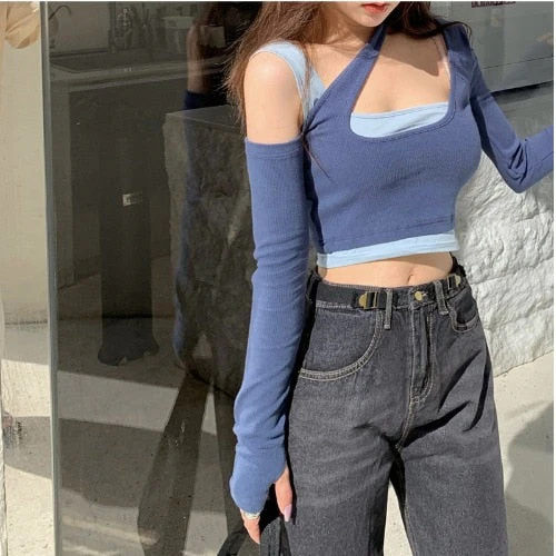 Wenkouban Sexy Patchwork Long Sleeve T-Shirts Women Slim Fit Fashion Crop Tops Hot Girls Irregular Skinny Elegant Casual Off-Shoulder Tees - Deanwangkt