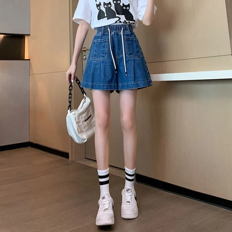 deanwangkt Y2K Summer Women Vintage Blue Korean Denim Shorts High Waist Knee Length Wide Leg Baggy Pockets Short Pants Harajuku Clothes - Deanwangkt