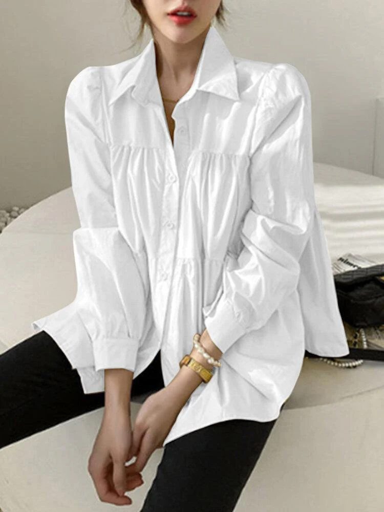 deanwangkt Woman Puff Sleeve Retro Solid Layered Blouse - Deanwangkt