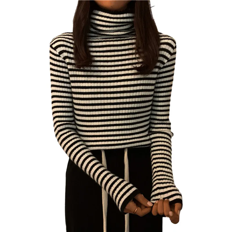 deanwangkt New Black Striped Sweater Women Knitted Pullover Autumn Long Sleeve Turtleneck Knitwear Korean Bottoming Shirt Stretch Jumpers - Deanwangkt
