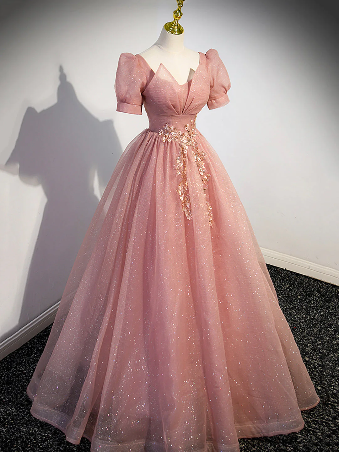 solvbao Pink Tulle Floor Length Prom Dress with Short Sleeve, Beautiful A-Line Evening Dress - Deanwangkt