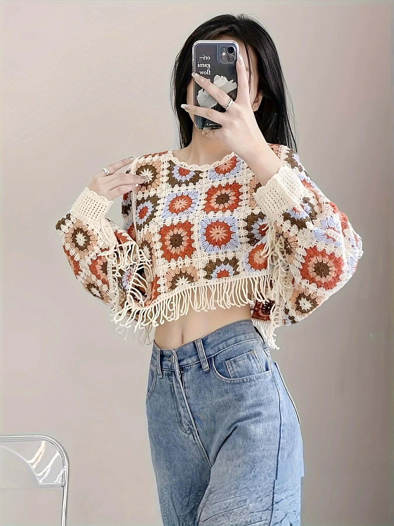deanwangkt-1 Floral Pattern Tassel Trim Sweater, Boho Batwing Sleeve Stylish Crop Sweater For Spring & Fall, Women's Clothing - Deanwangkt