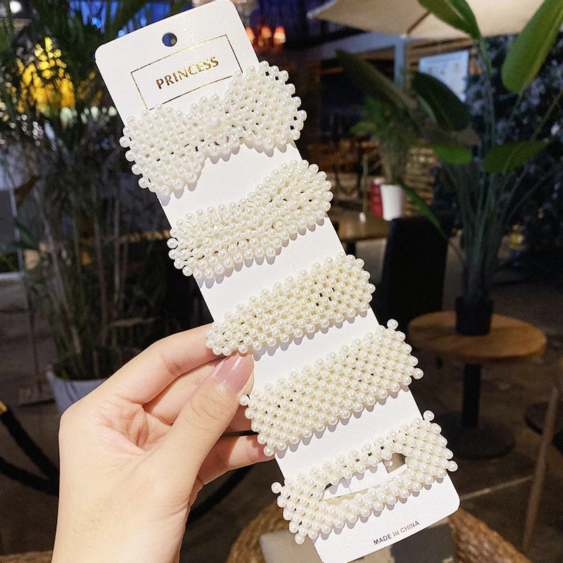 3/4/5pcs/Set Women Girls Elegant Full Pearls Geometric Hair Clips Sweet Hair Ornament Hairpin Barrette Headband Hair Accessories - Deanwangkt