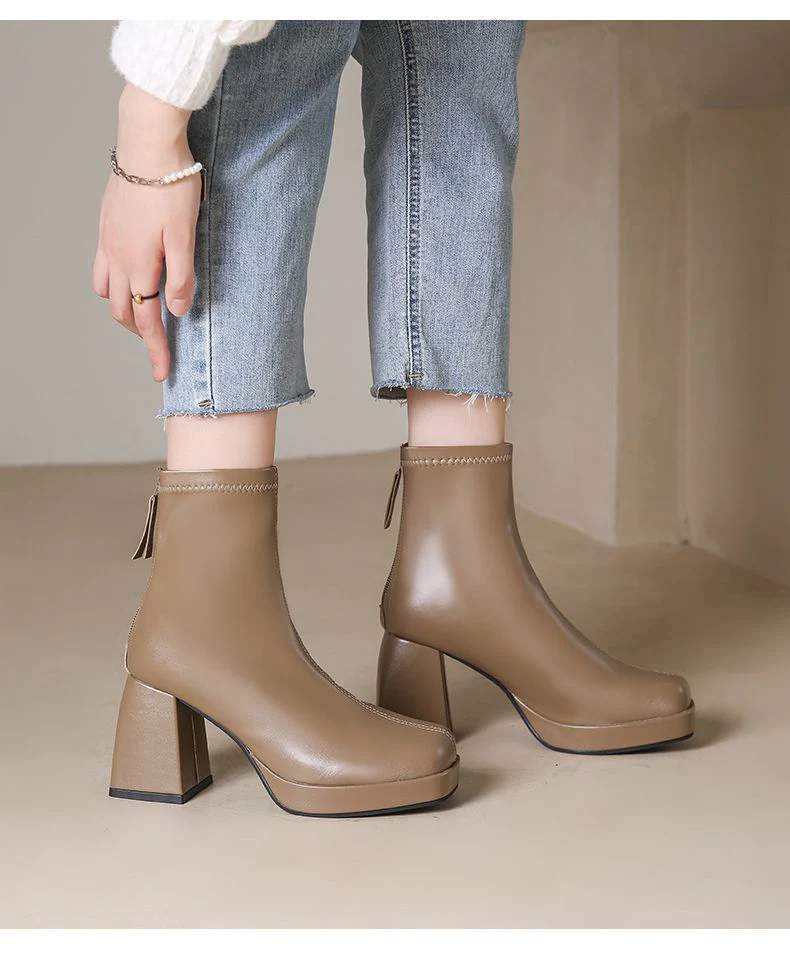 deanwangkt New Autumn Winter Leather Short Boots Women Square High Heel Women Shoes Zipper All Match Ankle Boot Female Platform Shoes - Deanwangkt
