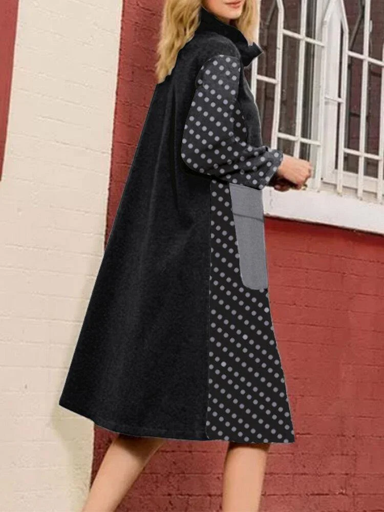 deanwangkt Women Patchwork Polka Dot Print Drop Shoulder Turtleneck Casual Dresses - Deanwangkt
