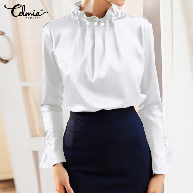 Women Satin Blouses Elegant Long Sleeve Silk Tops  Pearl Stand Collar Female Office Shirts Solid Casual Party Blusas - Deanwangkt