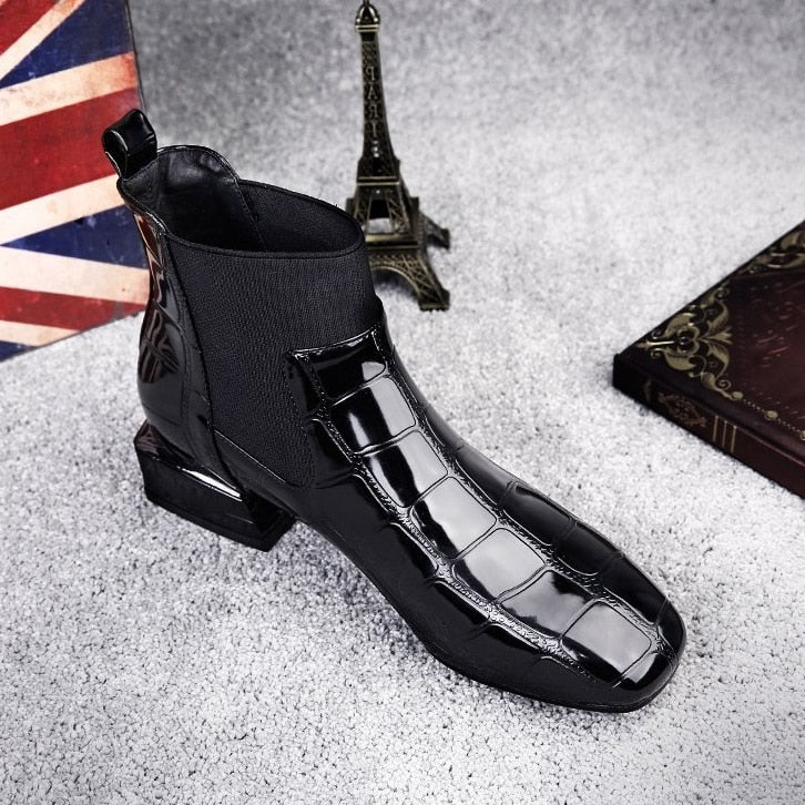 DEANWANGKT  Chic Women Boots Shiny Pu Leather Autumn Winter Shoes Spuare Toe Block Heels Ankle Boots Female Botas Zapatos Mujer - Deanwangkt