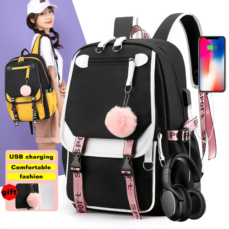 deanwangkt Women girls School Backpacks Anti Theft USB Charge Backpack Waterproof Bagpack School Bags Teenage Travel Bag - Deanwangkt