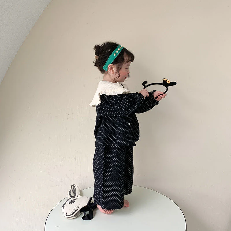 deanwangkt  Spring cute baby girl polka dot black outfits Girls fashion big turn-down collar shirt and wide leg pants 2pcs sets Kids clothes - Deanwangkt