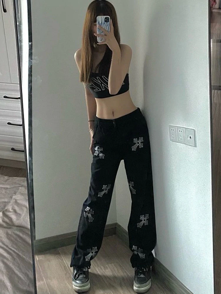 Rhinestone Gothic Cross Jeans Women Streetwear Hip Hop Harajuku Female Hot Drill Loose Straight Wide Leg Pants Casual Trousers - Deanwangkt