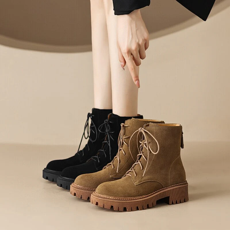 deanwangkt Autumn Boots     Autumn Women Boots Cow Suede Leather Boots Women Round Toe Chunky Heel Boots Winter Short Boots Casual Platform Shoes for Women - Deanwangkt