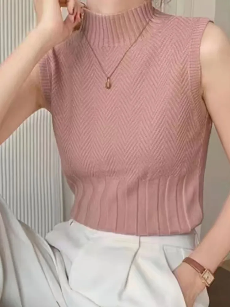deanwangkt Women Summer Casual Knitted Tank Tops Solid Sleeveless Half High Collar Slim Base Shirt Sexy Top Knitwear Y2k High Street - Deanwangkt