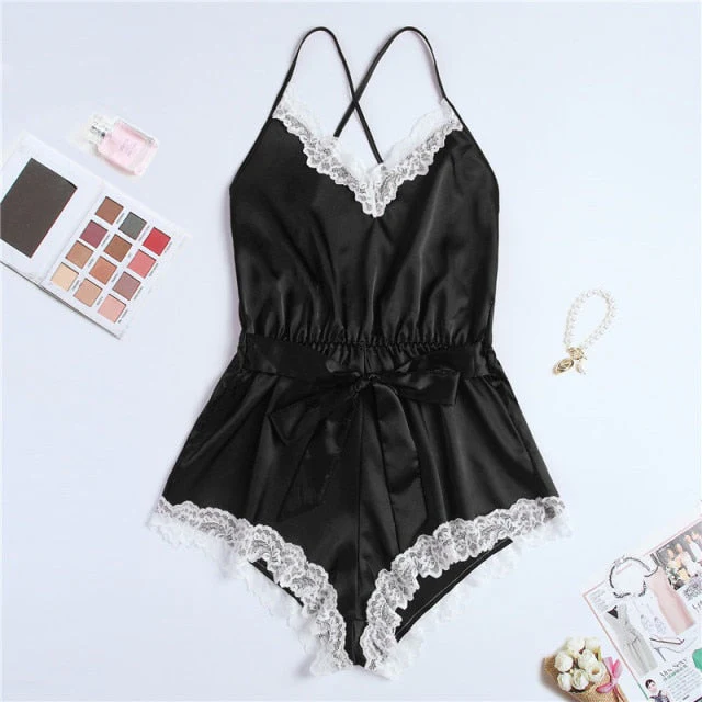 Sexy romper elegant bodysuits satin pajamas belt playsuit casual  holiday body mujer jumpsuits comfy nightdress - Deanwangkt