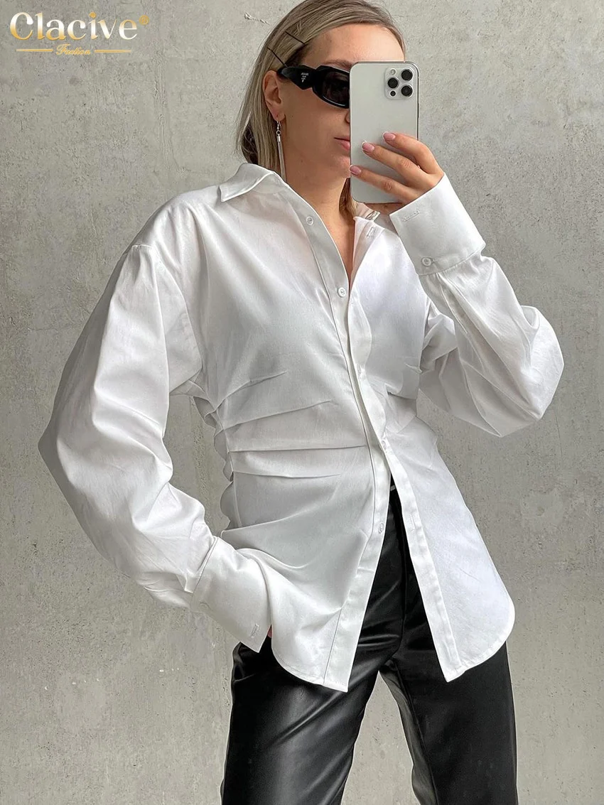 deanwangkt Fashion Woman Blouses  Autumn Casual Slim Lapel Long Sleeve White Shirt Elegant Ruched Office Blusas Female Clothing - Deanwangkt