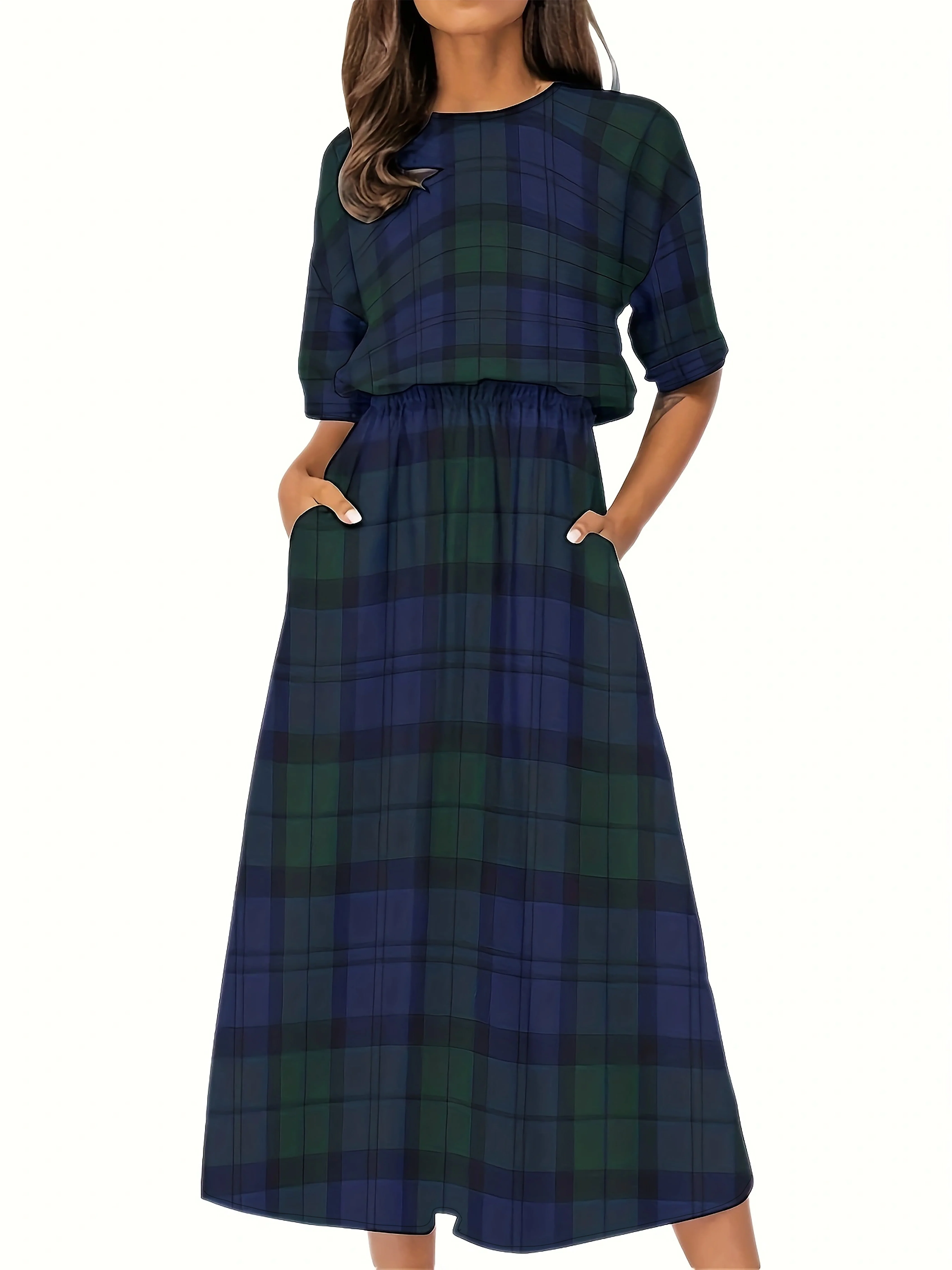 deanwangkt-1  Plaid Print Midi Dress, Elegant Crew Neck Half Sleeve Dress, Women's Clothing - Deanwangkt