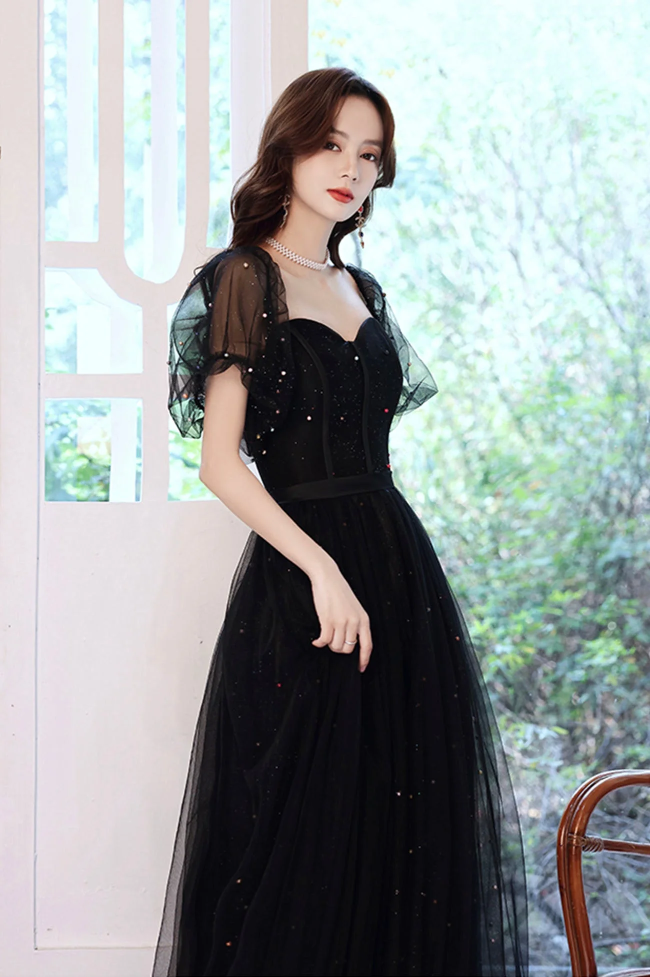 solvbao Black Tulle Long A-Line Prom Dress, Black Party Dress with Sequins - Deanwangkt