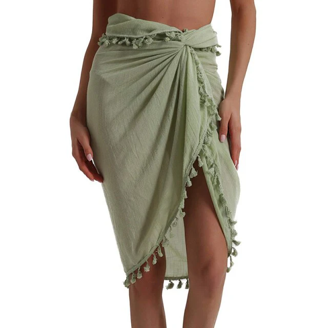 deanwangkt  Women Beach Dress Semi-sheer Swimwears Bikini Cover Ups Short Skirt with Tassels Chiffon Wrap Swimming Dress Sarong Pareo Shorts - Deanwangkt