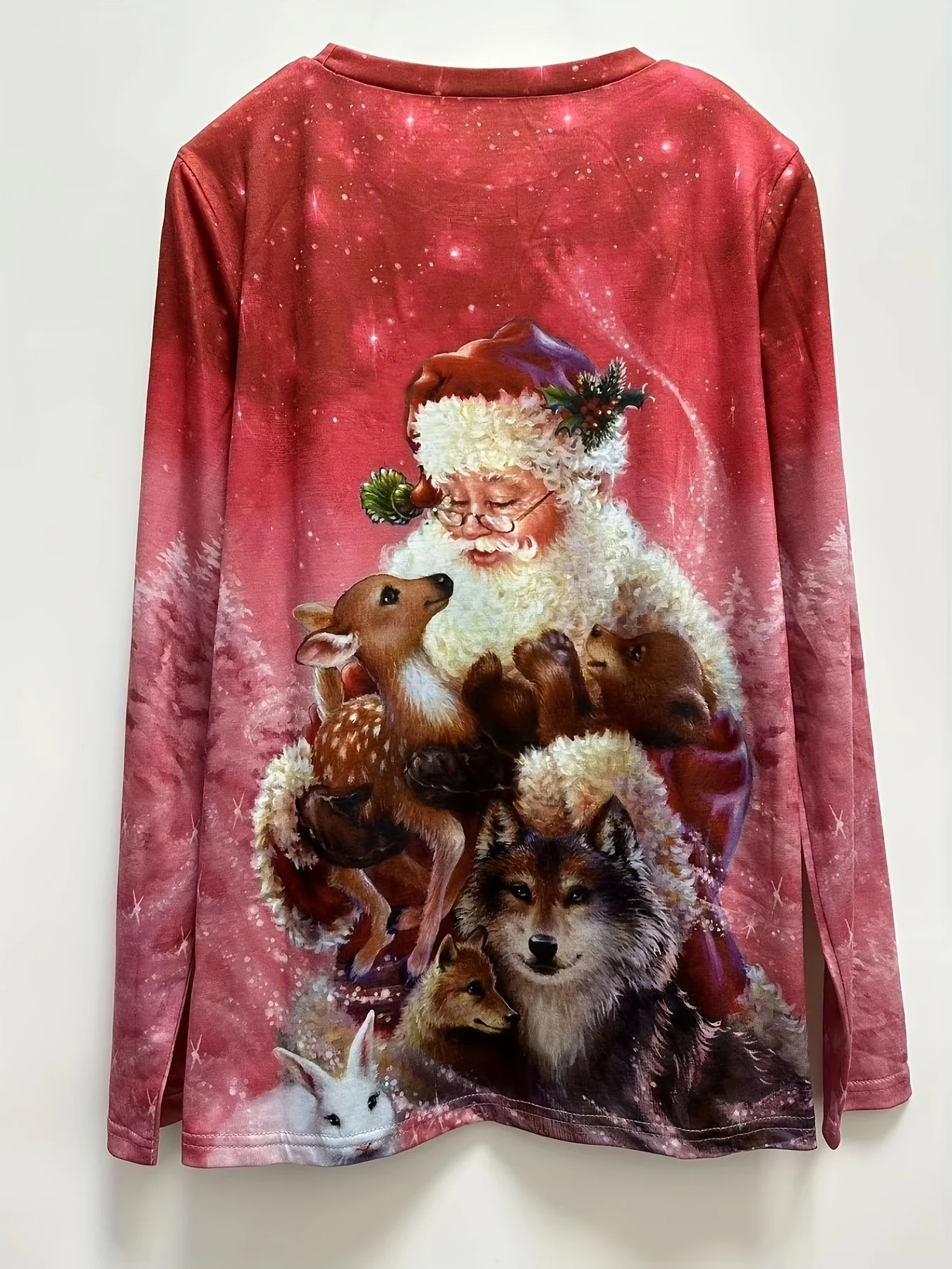 deanwangkt-1 Christmas Santa & Elk Print Crew Neck T-Shirt, Casual Long Sleeve Top For Spring & Fall, Women's Clothing - Deanwangkt