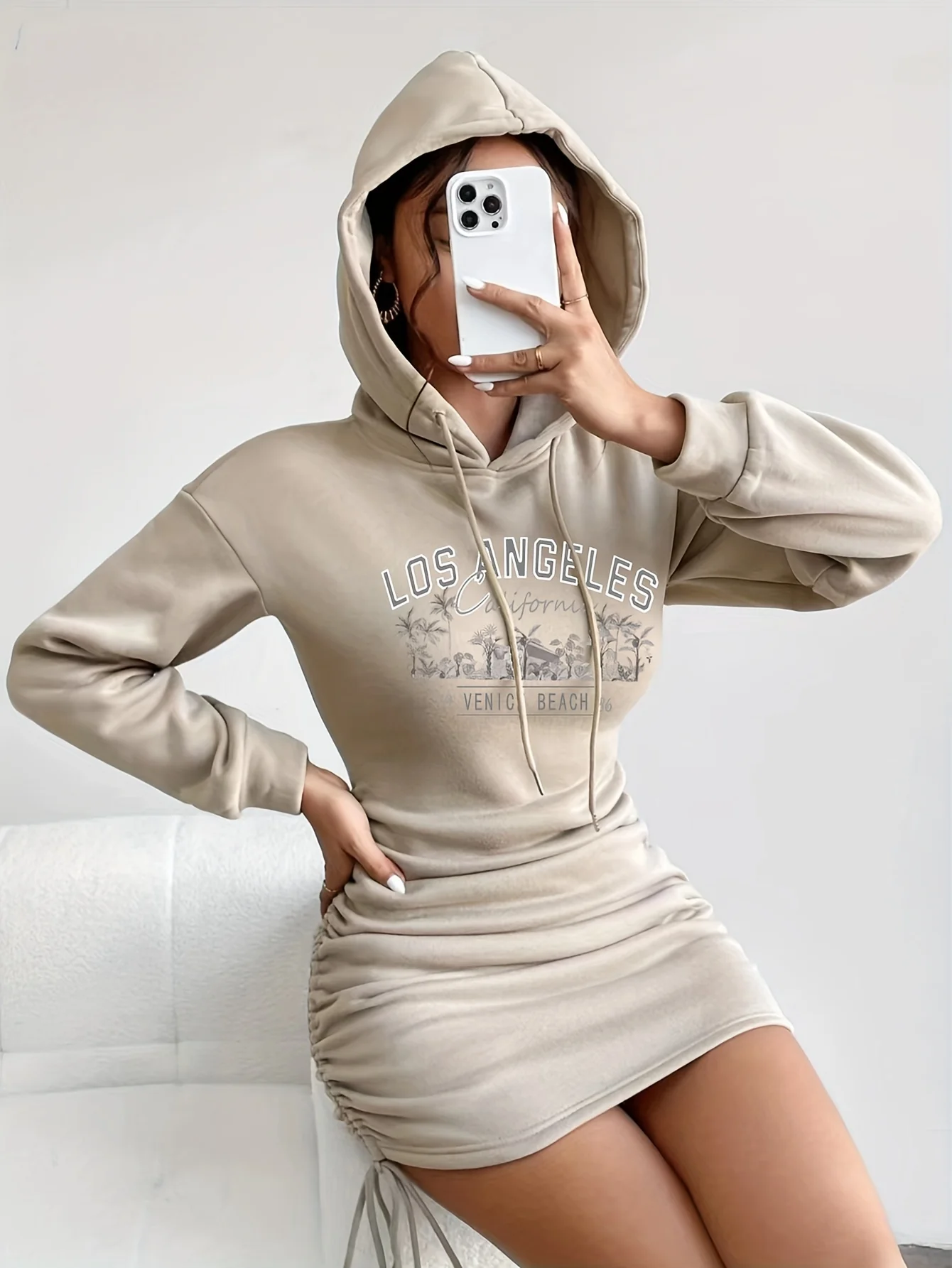 Palm Tree & Letter Hooded Dress, Casual Drawstring Ruched Bodycon Dress For Fall & Winter, Women's Clothing - Deanwangkt