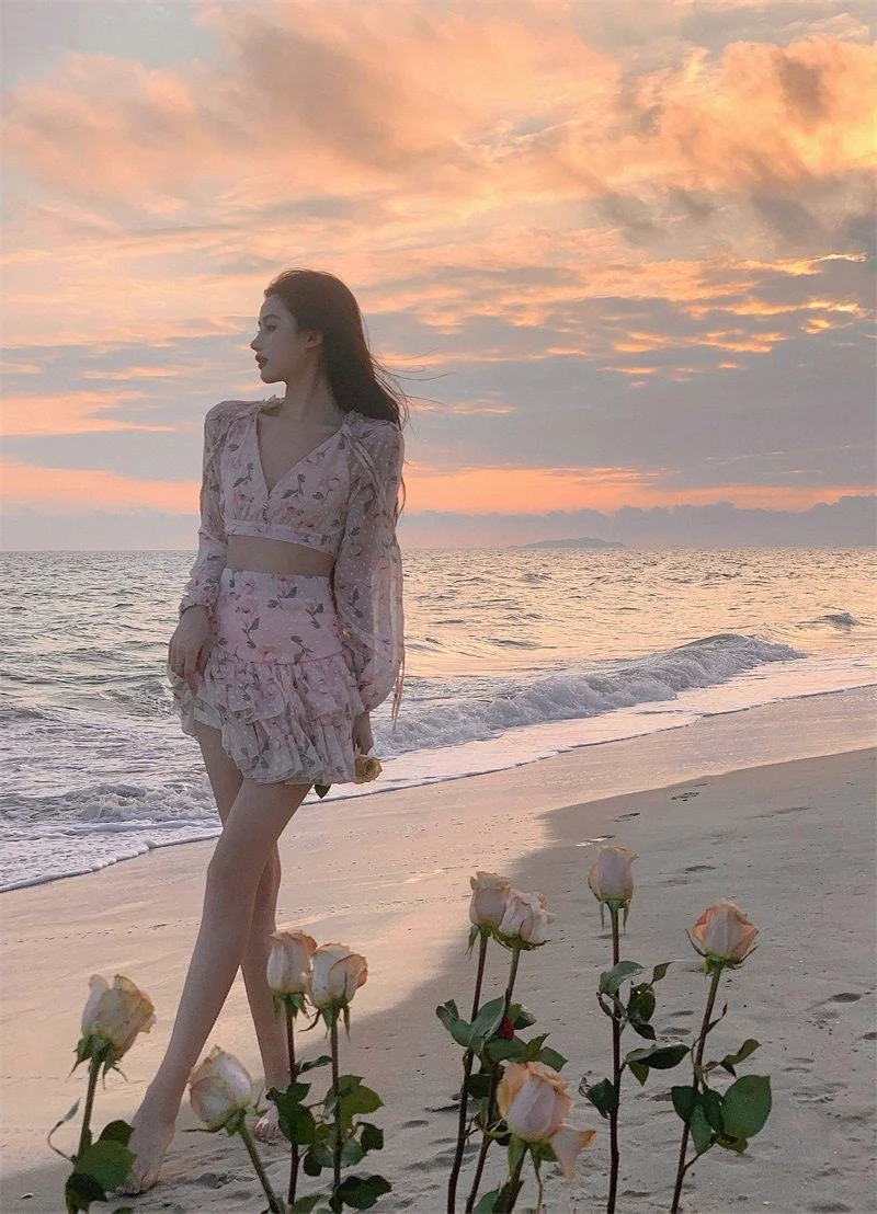 deanwangkt Spring Summer Sweet Two Piece Set Sexy Backless Shirt Crop Top + Cake Skirt Suits Floral Chiffon Boho Beach Outfits  Fairy Dress  For Women - Deanwangkt