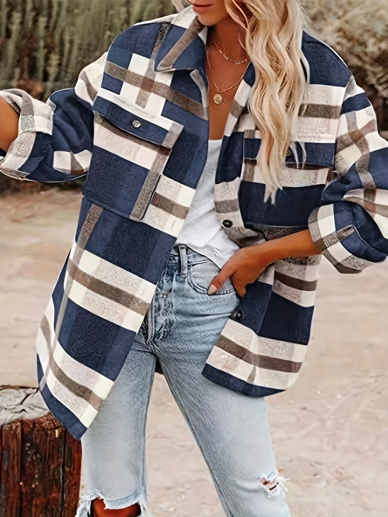 Stylish Plaid Button Down Long Sleeve Jacket, Loose Lapel Plaid Jacket, Women's Clothing - Deanwangkt
