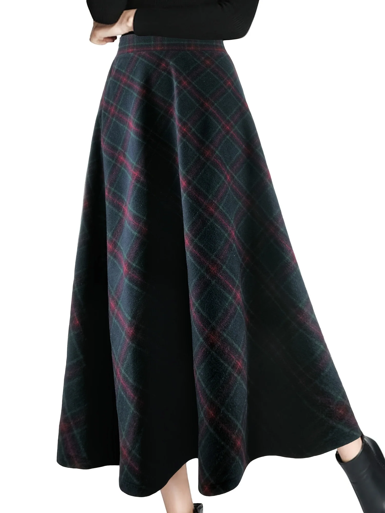 deanwangkt-1 Plaid Print High Waist Tweed Skirt, Elegant Warm Flared Midi Skirt For Fall & Winter, Women's Clothing - Deanwangkt