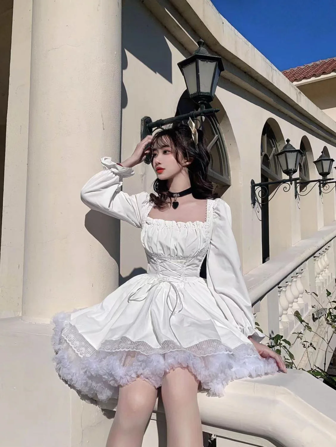 deanwangkt White Lolita Dress Kawaii Vinatge Long Sleeve Mini Dresses Black Gothic Bandage Lace Patchwork Streetwear Square Collar - Deanwangkt