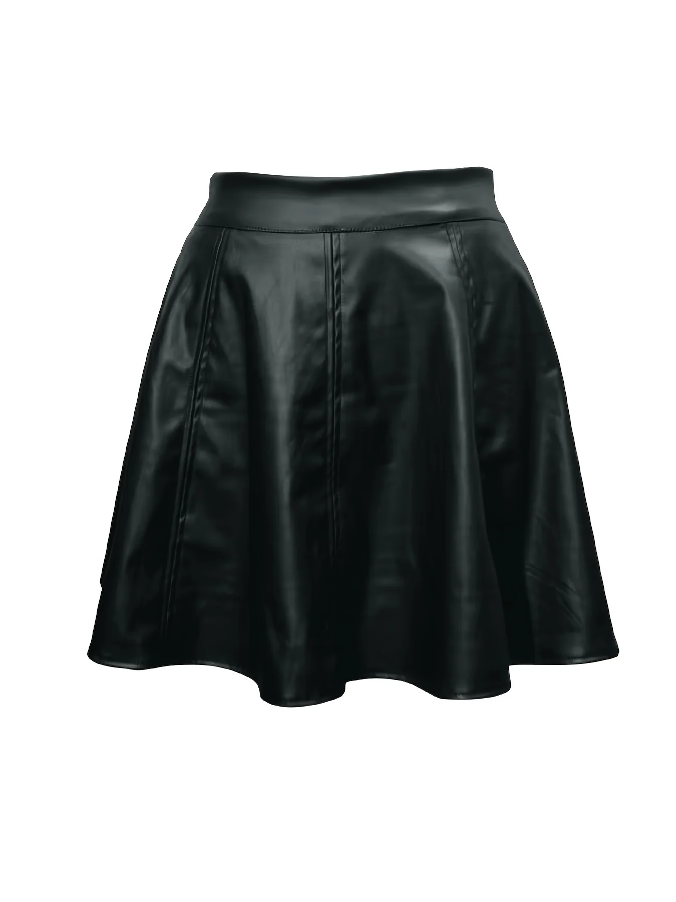 deanwangkt-1 Faux Leather Solid Flared Skirt, Elegant High Waist Mini Skirt, Women's Clothing - Deanwangkt