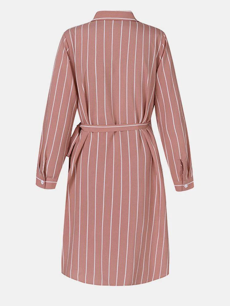 deanwangkt Women Striped Irregular Wrap Tie Side Stylish Long Sleeve Midi Dresses - Deanwangkt