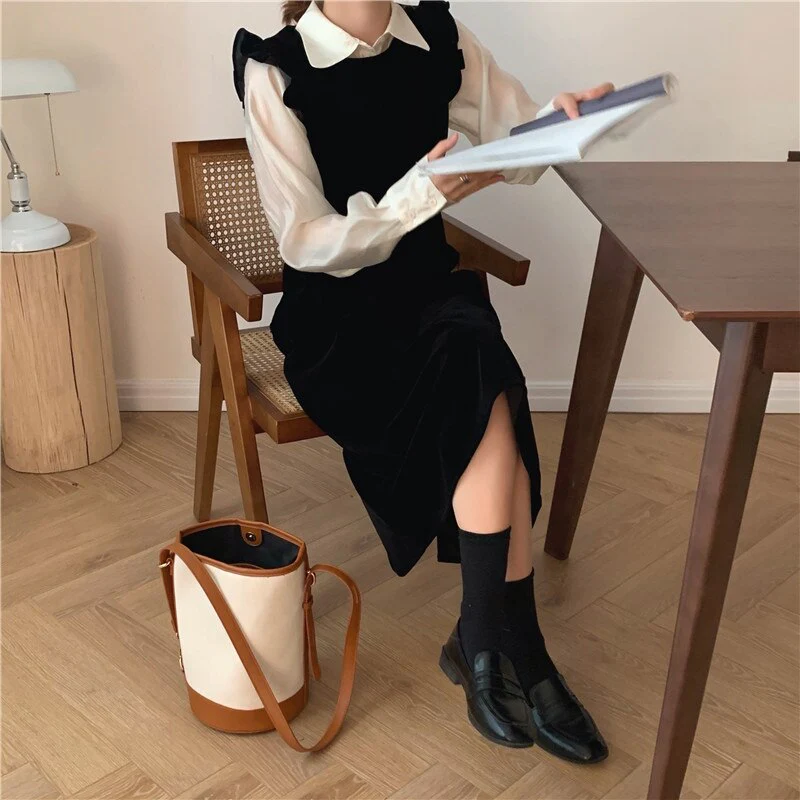 Joskka  New Women Spring Autumn Dresses Fashionable Elegant High Waist Vintage  Korean Style Velvet Sleeveless Long Dress - Deanwangkt