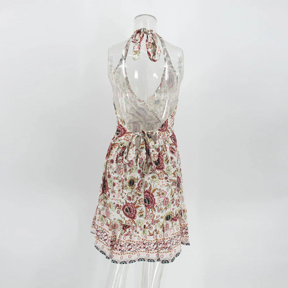 deanwangkt Casual Floral Print Short Mini Dress Women  Summer Holiday Sexy Backless Beach Dress Femme V-neck Dress Vestidos - Deanwangkt