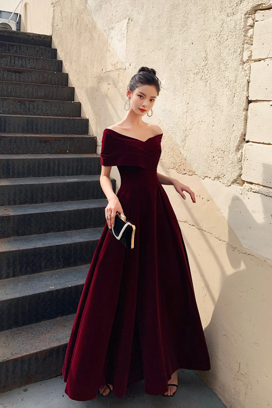solvbao Burgundy V-Neck Velvet Long Prom Dress, Off Shoulder Evening Party Dress - Deanwangkt