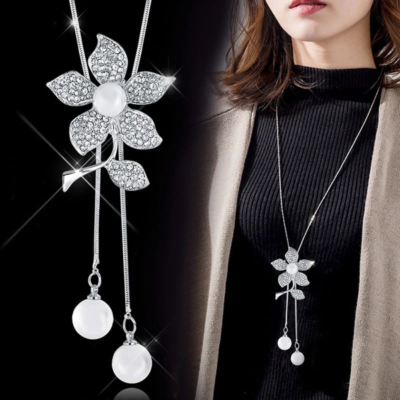 DEANWANGKT Fashion Long Chain Sweater Necklaces & Pendants for Women Blue Opal Rhinestone Flower Pendant Necklace Female Jewelry - Deanwangkt