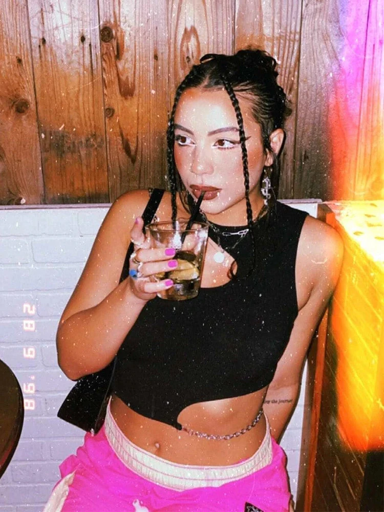 deanwangkt Chain Cut Out Rib Knit Crop Top Women Summer Y2K Clothes High Street Grunge Asymmetrical Neck Sleeveless Tank Top Streetwear - Deanwangkt