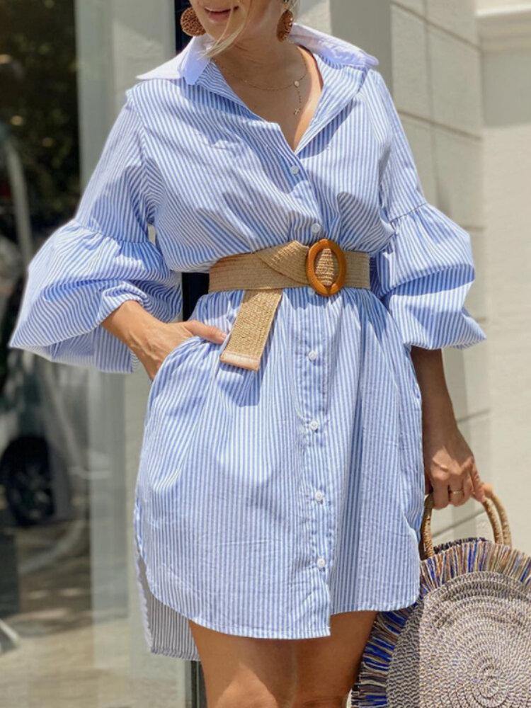 deanwangkt Women Pinstripe Contrast Collar Casual Stitching Sleeve Shirt Dresses - Deanwangkt