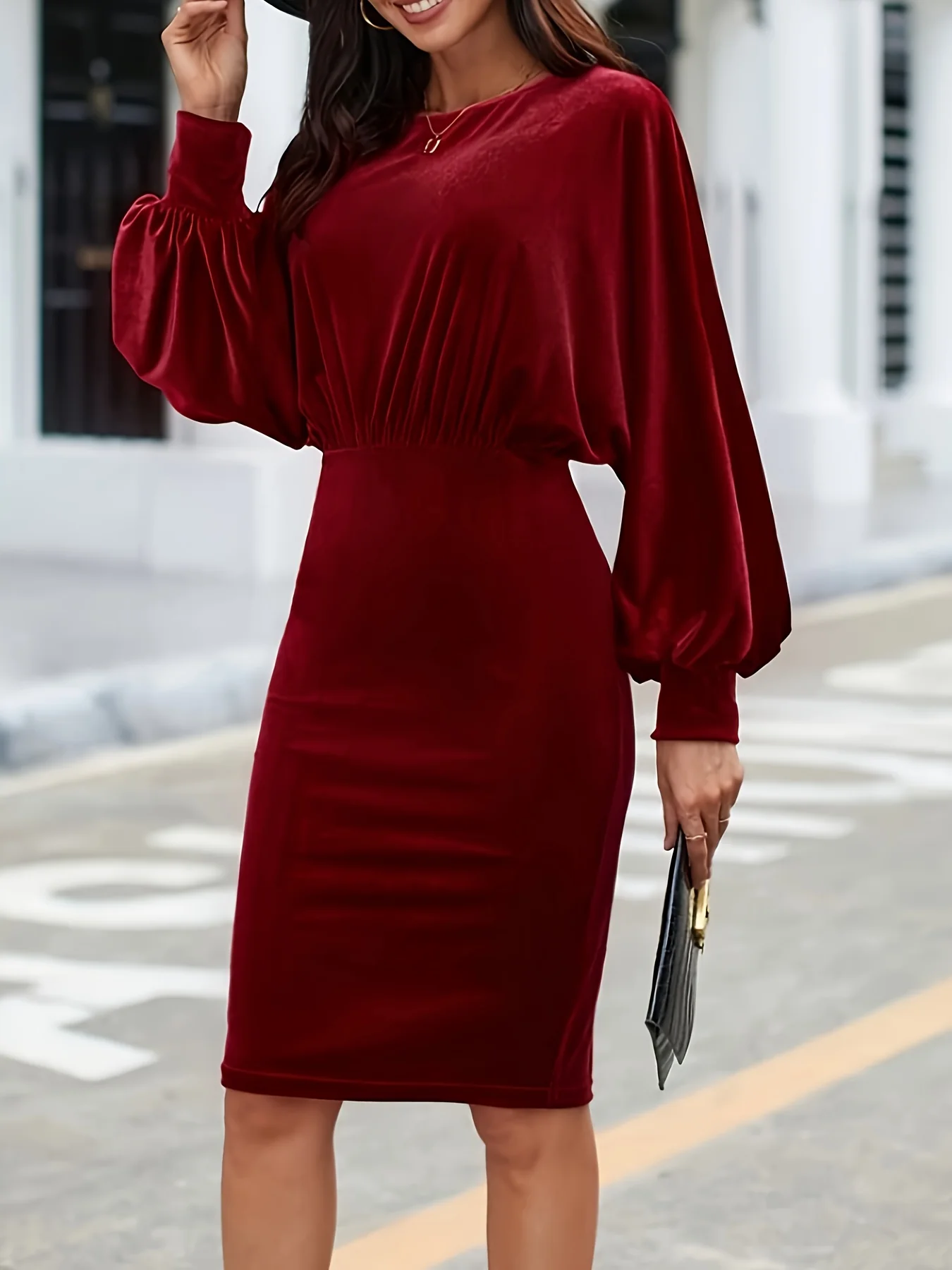 deanwangkt-1 Solid Bodycon Knee Length Dress, Elegant Long Sleeve Crew Neck Dress, Women's Clothing - Deanwangkt