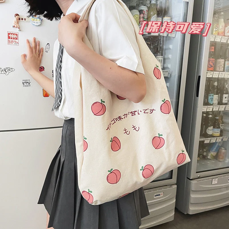 deanwangkt  Japanese Peach Print Tote Bag Large-capacity Shoulder Bag For Women Shopper Bag Canvas Bag Handbag Student Bags Bolsa Feminina - Deanwangkt