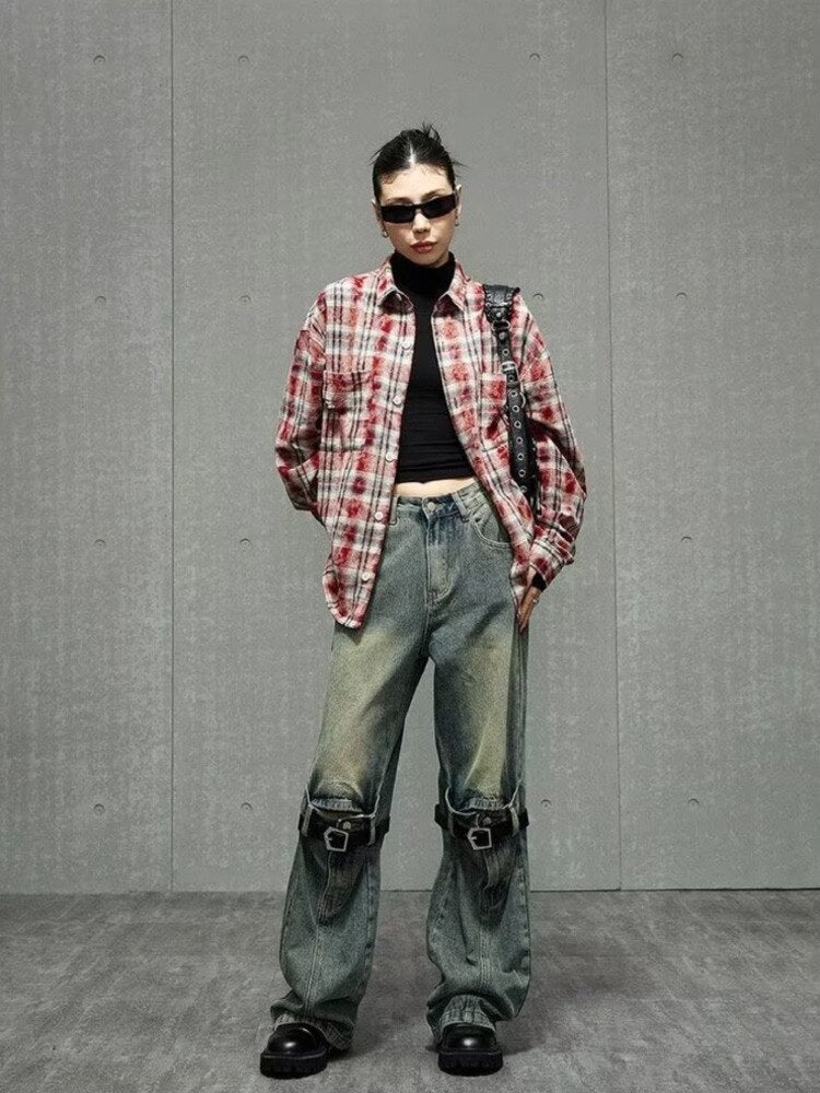 deanwangkt High Street Niche Design Wide Leg Washed Jeans For Men And Women, Straight Tube Loose Fitting Retro Pants, Trendy Women's Jeans - Deanwangkt