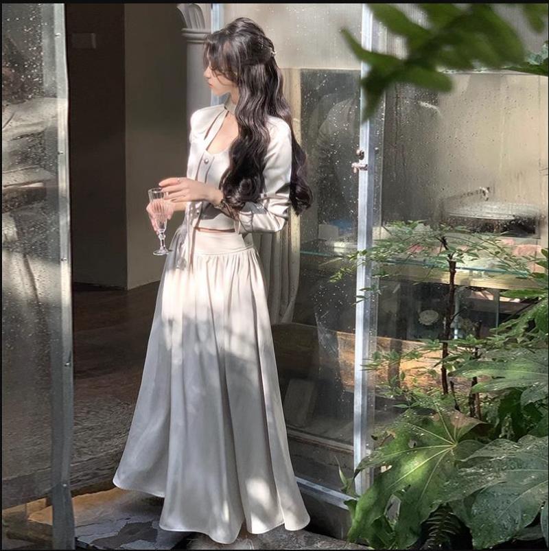 deanwangkt French White Long Sleeve 2 Piece Set for Women Autumn New Elegant Fashion Short Top High Waist Long Skirt Suit Female Clothing - Deanwangkt