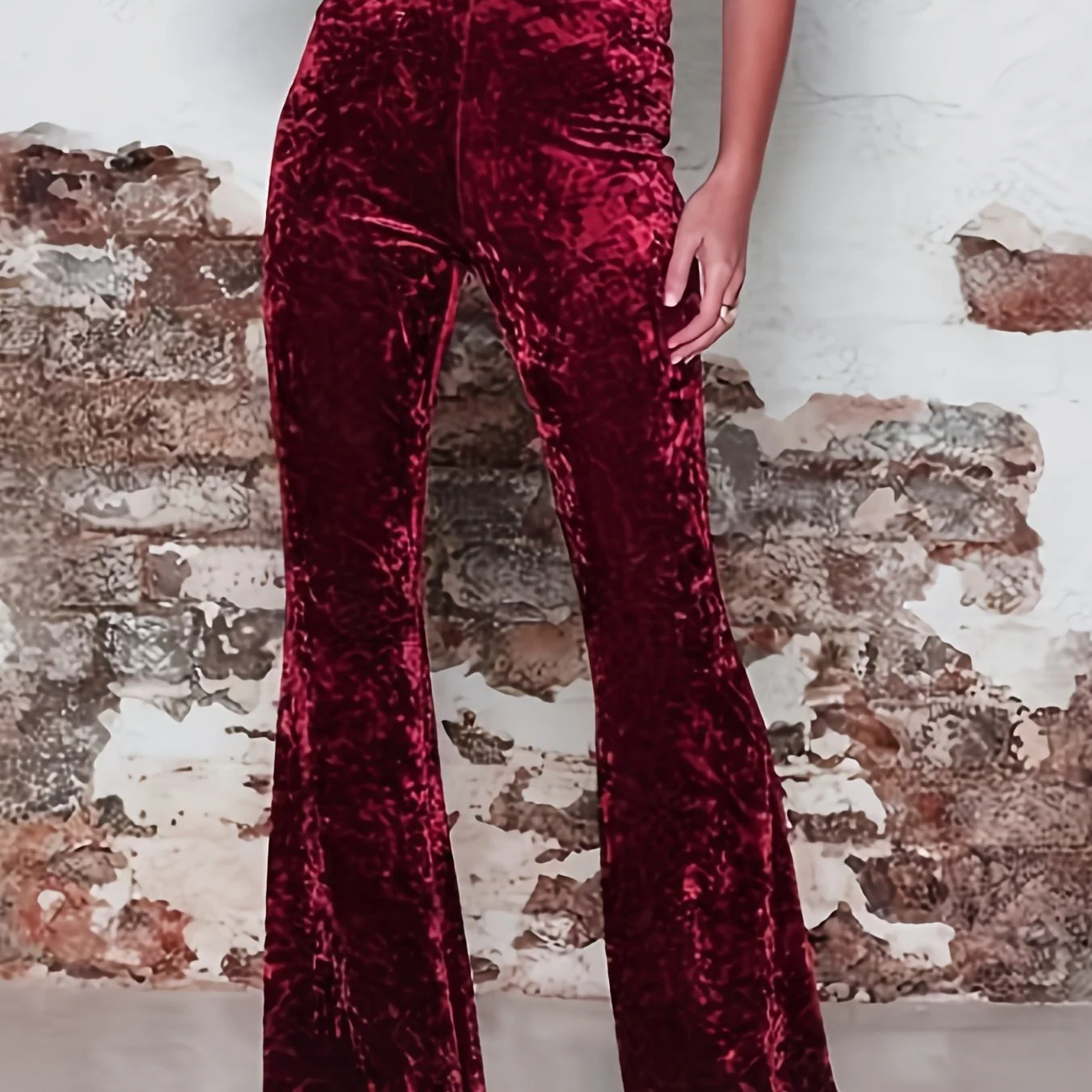 High Waist Solid Velvet Pants, Boho Every Day Flare Leg Pants For All Season, Women's Clothing - Deanwangkt