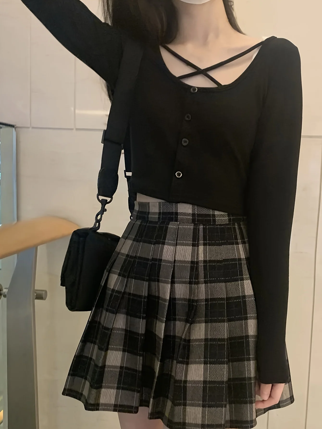 deanwangkt  Button Front Crisscross Crop T-Shirt, Casual Long Sleeve T-Shirt For Spring & Fall, Women's Clothing - Deanwangkt