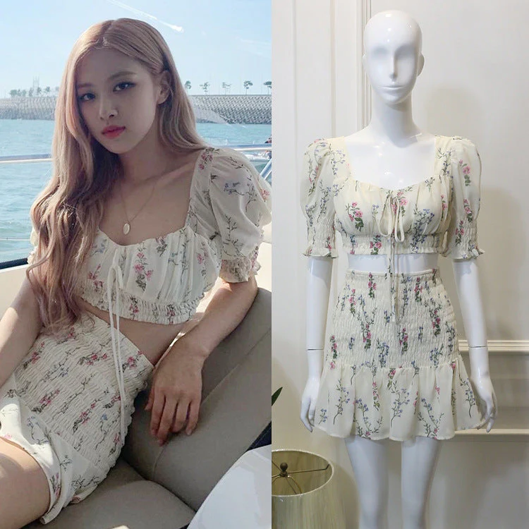 deanwangkt Women Set Boho Sew Summer Sexy Women 2 Two Piece Set Crop Top High Waist Mini Skirt Suits Lady Chic Floral Bodycon Party Clothes Fairy Dress - Deanwangkt