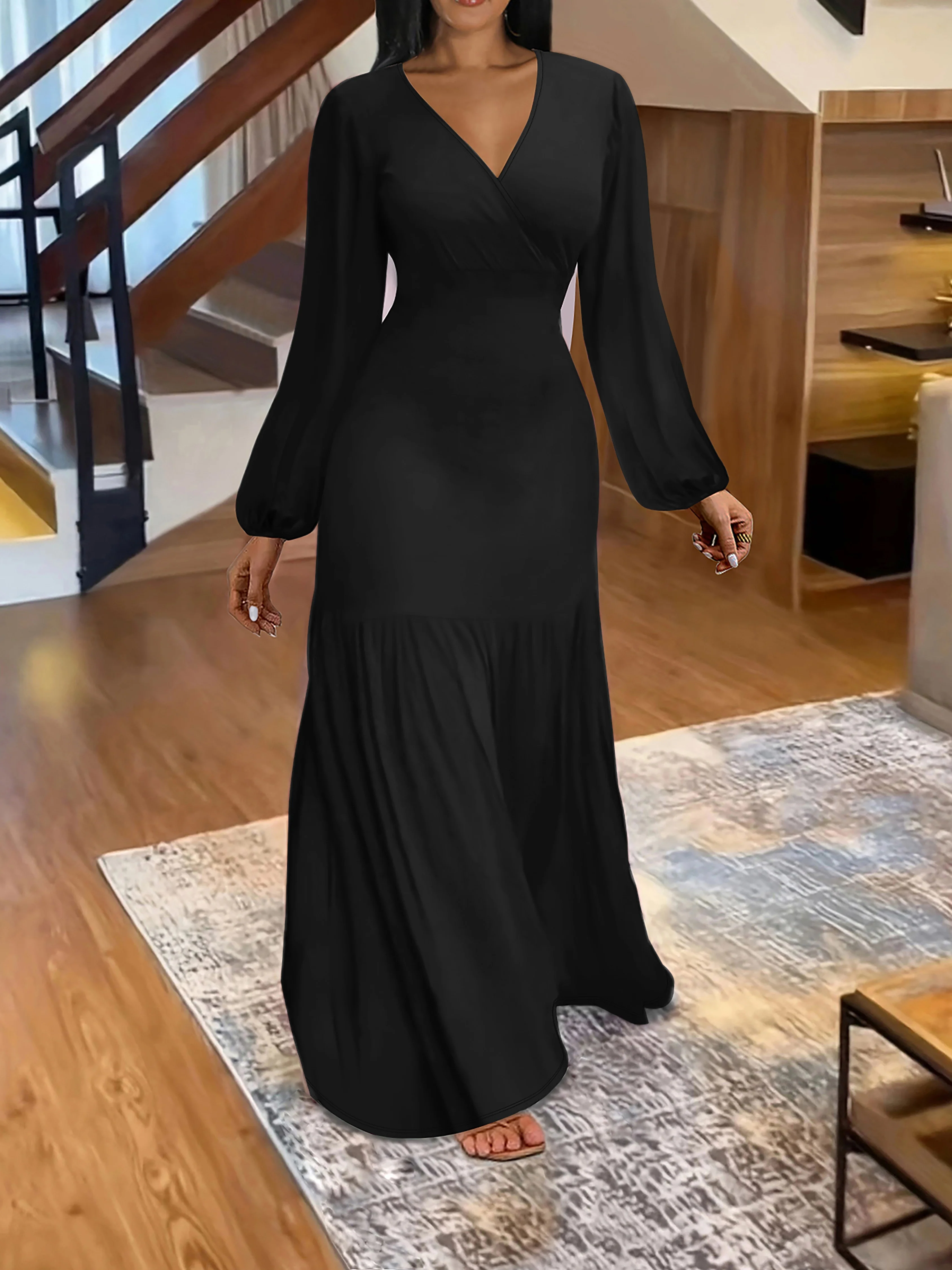 Ruched Solid Dress, Elegant V Neck Lantern Long Sleeve Maxi Party Dress, Women's Clothing - Deanwangkt