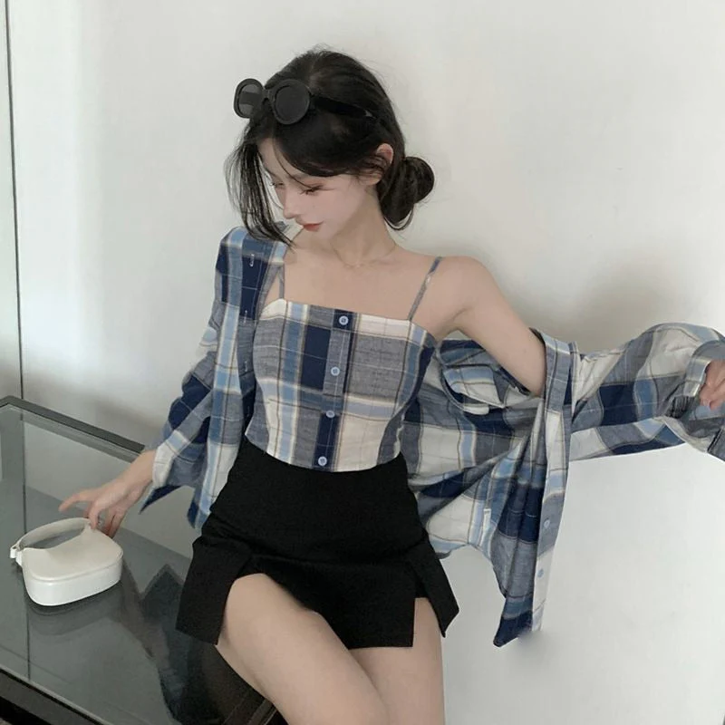 deanwangkt Spring Simplicity Plaid Turn-down Collar Long Sleeve Blouse Women Clothes Casual Buttons Slim Sling T-Shirt Two-piece Dress Tops - Deanwangkt