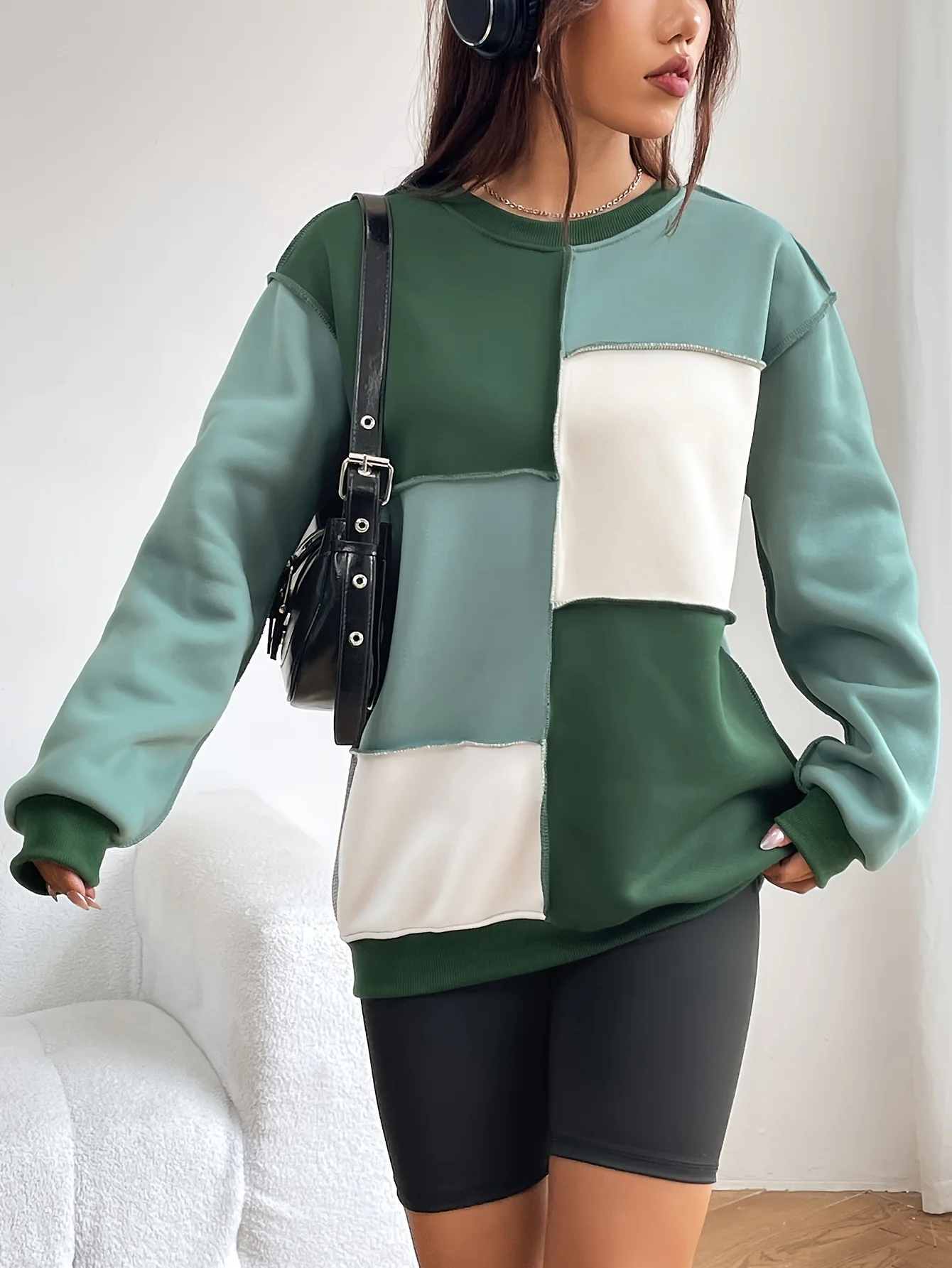 deanwangkt-1 Color Block Crew Neck Sweatshirt, Casual Long Sleeve Drop Shoulder Sweatshirt, Women's Clothing - Deanwangkt