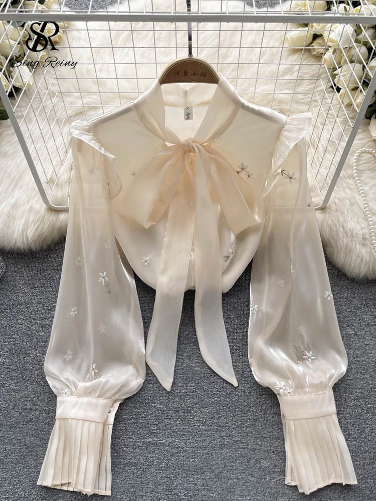 deanwangkt Print Sweet Fashion Women Blouse French Gengle Long Sleeve Single Breasted Tie O Neck  Autumn OL Short Chiffon Top - Deanwangkt