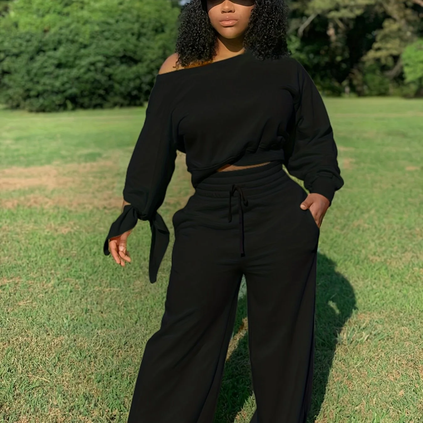 deanwangkt-1  Solid Casual Two-piece Set, Slanted Shoulder Long Sleeve Tops & Drawstring Pants Outfits, Women's Clothing - Deanwangkt