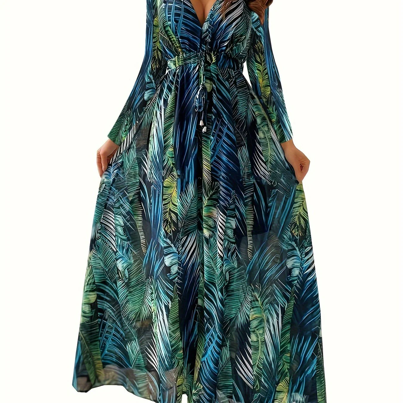 Leaf Print Long Sleeve Dress, Boho Plunge Neck Maxi Length Dress, Women's Clothing - Deanwangkt
